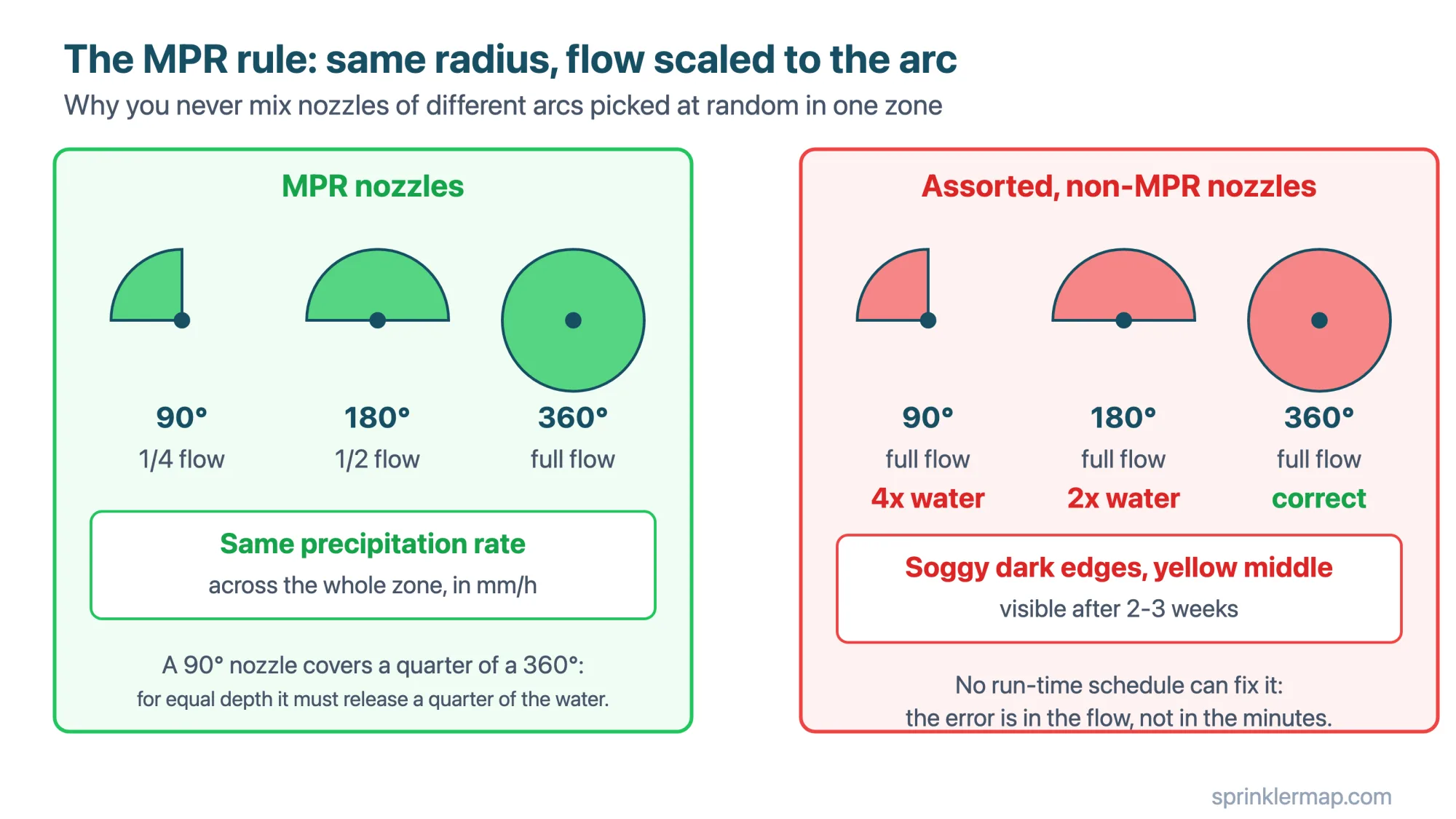 With MPR nozzles the flow scales with the arc (a quarter at 90°, a half at 180°, full at 360°) so the precipitation rate stays even; with assorted nozzles the corners get four times the depth of the middle and no run time fixes it